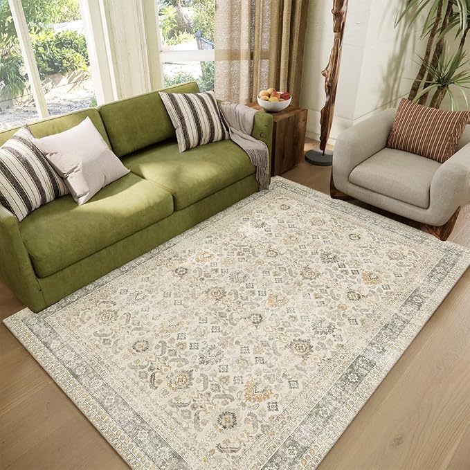 Washable 4x6 Rugs for Living Room, Boho Non-Slip Silicone Backing Small Rugs for Bedroom Nursery Office, 0.3" Neutral Oriental Throw Carpet with 0.16" Cushioning Pad, Grey/Multi