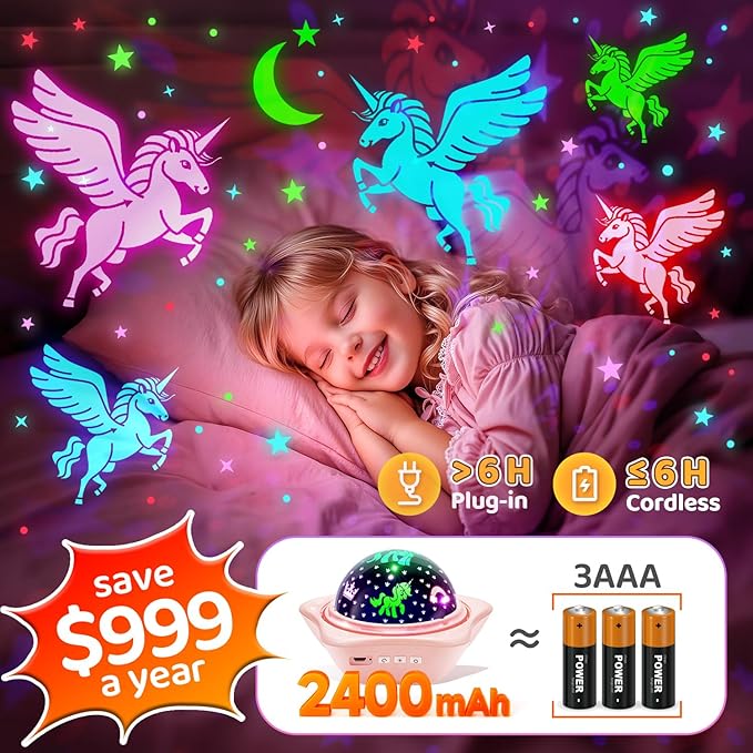 Onefire Girl Gifts, 6 Films Light Projector Unicorn Toys for Girls Age 4-6,Rechargeable Night Lights for Bedroom,360° Rotating Butterfly Lamp for Room Decor,Mermaid Princess Toddler Toys Toddler Gifts