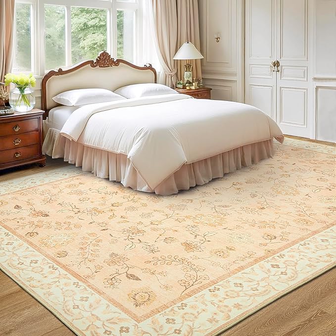 LOCHAS Washable Area Rugs 8x10, Peach Floral Rug for Living Room Bedroom Non Slip, Ultra Soft Vintage Indoor Carpet for Kids, Nursery, Dorm, Dining Room, Classroom, Boho Flower Home Decor, Low-Pile