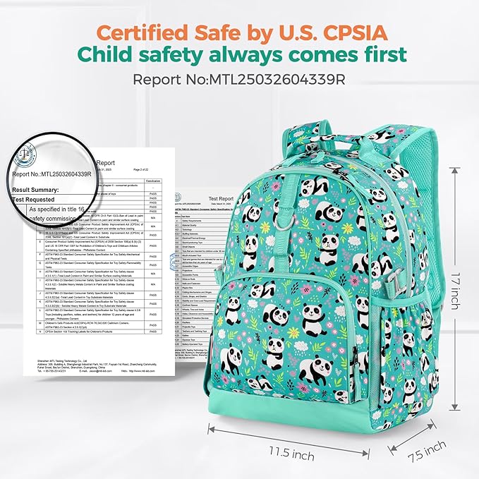 Choco Mocha Panda Backpack for Girls, Elementary School Backpack for Girls Ages 6-8 Kids Kindergarten Backpack Bookbag 17 Inch with Chest Strap, Teal