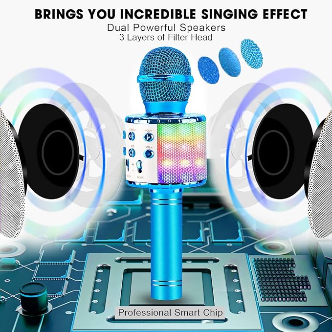 BlueFire 4 in 1 Karaoke Wireless Microphone with LED Lights, Portable Microphone for Kids, Great Toys for Kids, Girls, Boys and Adults (Blue)