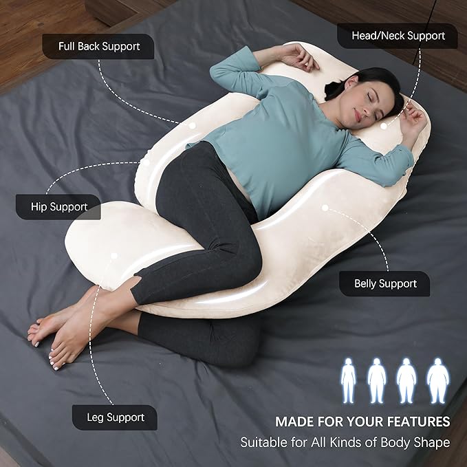 MOON PARK Pregnancy Pillows for Sleeping - U Shaped Full Body Maternity Pillow with Removable Cover - Support for Back, Legs, Belly, HIPS - 65 Inch - Ivory