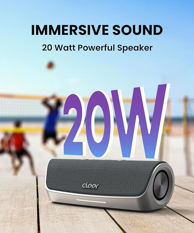Cleer Scene Wireless Bluetooth Speaker, Simple Fast Pairing, Waterproof IPX7, 12Hrs Play time, Deep Bass, Built-in Mic, Powerful Portable Speakers, for Outdoor & Party, Home, Grey