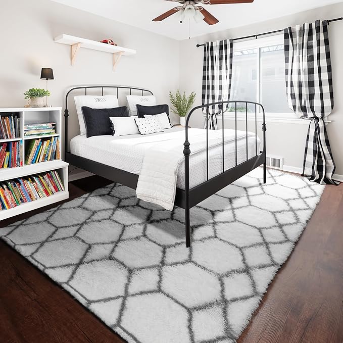 ONASAR Area Rugs for Living Room, Washable 7x10 Fluffy White and Grey Rug for Bedroom, Geometric Moroccan Indoor Shaggy Boho Soft Plush Floor Carpet for Kids Teen Nursery Dorm Home Decor Aesthetic