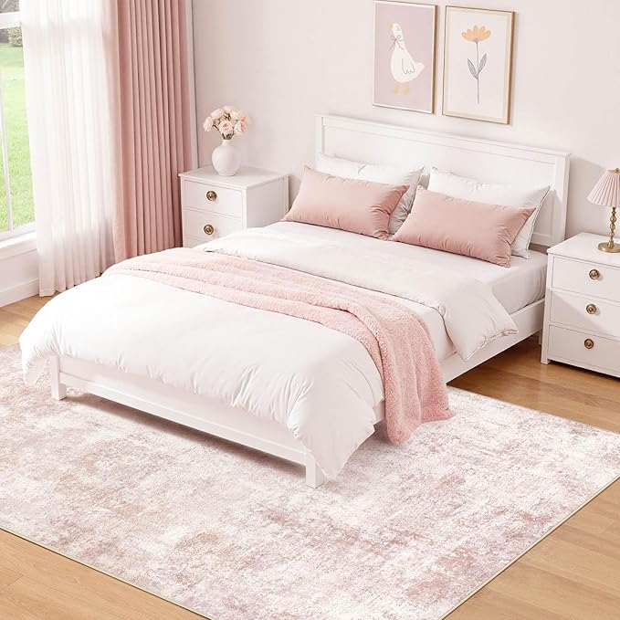 Pink Rugs for Bedroom Girls: 8x10 Washable Large Modern Soft Area Rug Indoor Non-Slip Cute Carpet for New Parents Aged 25-45 - Living Room Nursery Kids Playroom Preppy Room Baby Room Decor