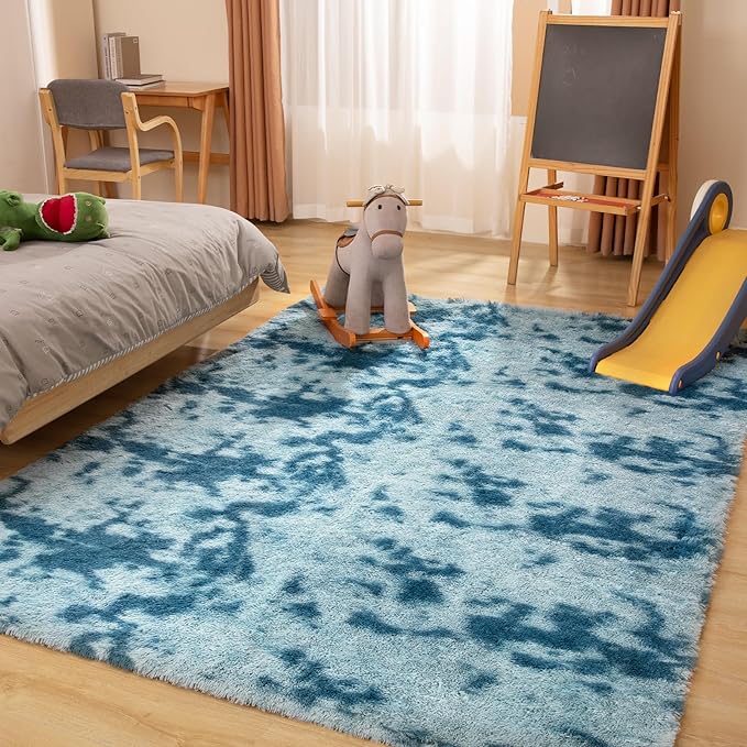 Luxury 3x5 Area Rug, Ultra Soft Rugs for Living Room, Plush Carpet Rugs for Bedroom, Non-Slip Indoor Rug for Nursery, Study Room, Playroom, Home Decor, Tie-Dyed Blue
