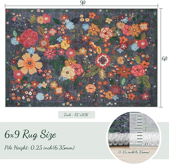 Area Rug Living Room Rugs: 6x9 Washable Rug Vintage Floral Soft Boho Non Slip Carpet Indoor Floor Non Shedding Low Pile Thin Carpets for Bedroom Dining Room Farmhouse Nursery Home Office Black