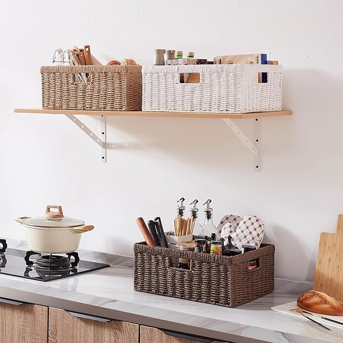 OIAHOMY Wicker Basket, Paper Shelf Basket with Built-in Handles, Rectangular Wicker Storage Bin for Pantry, Shelves, 1 Pack-White