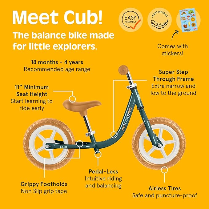 Retrospec Cub Toddler 12" Balance Bike, 18 Months - 3 Years Old, No Pedal Beginner Kids Bicycle for Girls & Boys, Flat-Free Tires, Adjustable Seat, & Durable Frame