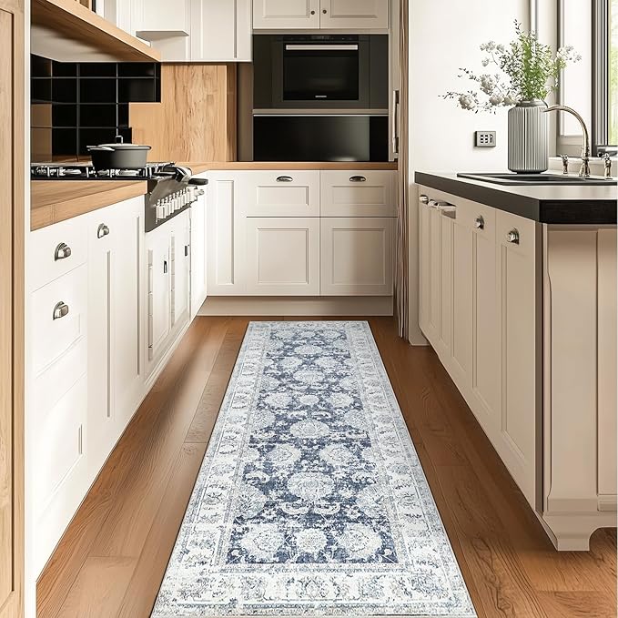 jinchan Runner Rug 2x7 Machine Washable Hallway Rug Dark Blue Vintage Floral Print Non-Slip Low Pile Ultra-Thin for Kitchen,Entryway,Laundry Room,Bedroom,Farmhouse (2‘x7’,Dark Blue)