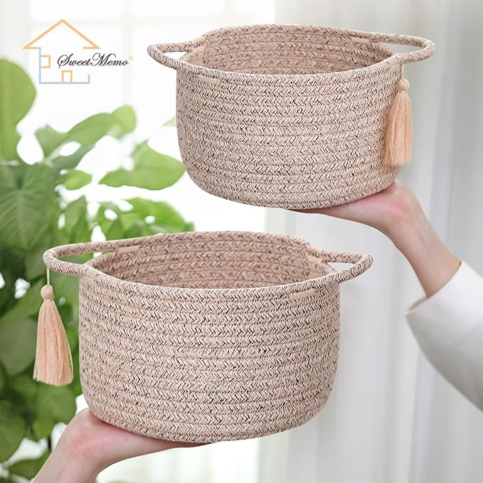 Small Soft Organizer Baskets，Decorative Mini Round Woven Rope Storage Bin Empty Gift Baskets for Man，Office, Desk Decor, Gifting, Kids, Toys, Pre Shaped, Brown, 2 Pack