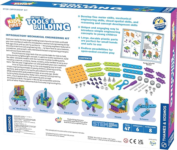 Thames & Kosmos Kids First: Intro to Tools & Building STEM Experiment Kit for Ages 3+ | Build 6 Models, Learn Basic Mechanical Engineering Principles | Make Your Own Workbench with Durable Parts