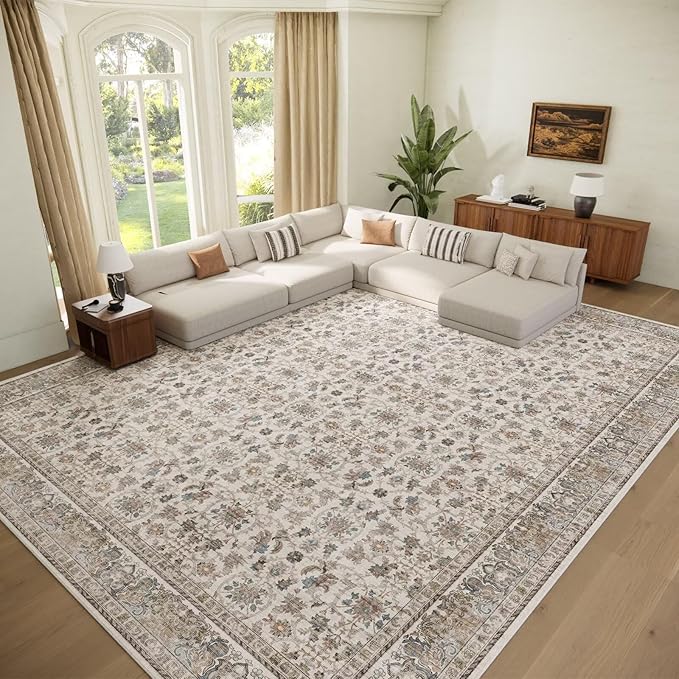 Washable 9x12 Area Rugs for Living Room, Boho Non-Slip Silicone Backing Rugs for Bedroom Dining Room Nursery Office, 0.3" Neutral Oriental Throw Carpet with 0.16" Cushioning Pad, Cream/Multi