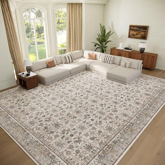 Washable 9x12 Area Rugs for Living Room, Boho Non-Slip Silicone Backing Rugs for Bedroom Dining Room Nursery Office, 0.3" Neutral Oriental Throw Carpet with 0.16" Cushioning Pad, Cream/Multi