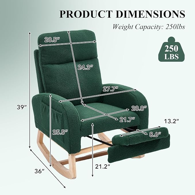 NIOIIKIT Oversized Nursery Rocking Chair, Teddy Upholstered Glider Chair with Footrest, Large Glider Rocker with Side Pocket, Rocking Accent Chair, Glider Recliner for Living Room (Green Teddy)