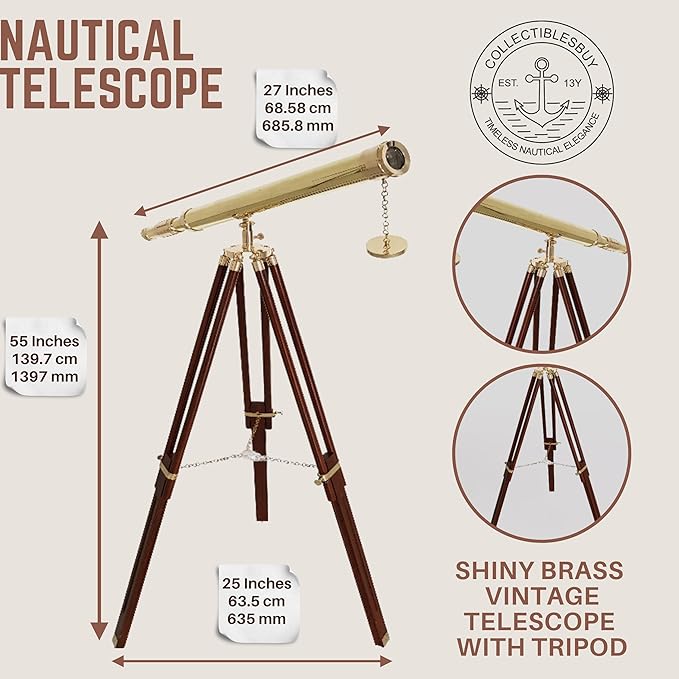 Shiny Brass Nautical Telescope with Wooden Tripod – Vintage Spyglass in Golden & Brown Finish for Home Office Decor, Collector Display & Maritime Gift