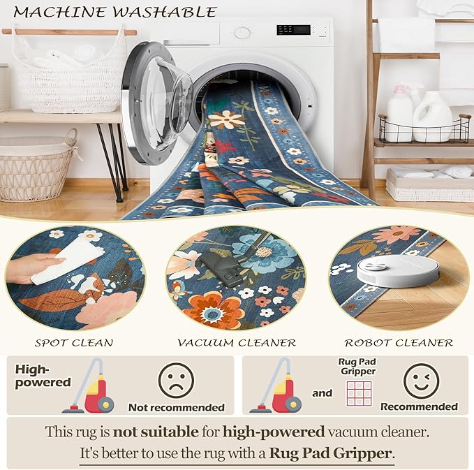 Floral 2x6 Area Rug Machine Washable Soft Print Boho Carpet Non Slip Doormat Low Pile Flower Area Rugs for Living Room Bedroom Nursery Kitchen Dining Room Indoor-Blue/Grey