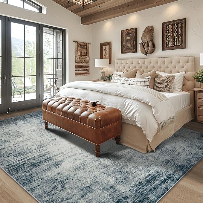 5x7 Area Rugs for Living Room Bedroom, Abstract Washable Rugs with Non-Slip Backing, Stain Resistant Indoor Floor Carpet for Dining Room Table Nursery Hallway Home Office-Blue/Ivory