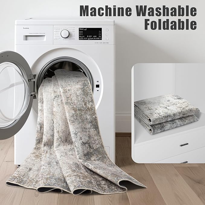 5x7 Area Rug Living Room Rug: Washable Modern Abstract Soft Thin Rug Indoor Floor No Slip Stain Resistant Carpet for Bedroom Dining Room Farmhouse Nursery Home Office - Brown Grey