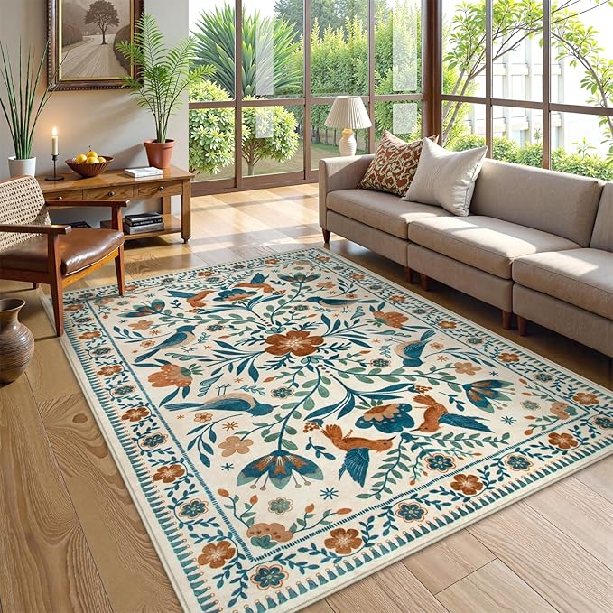 Moynesa Washable Boho Bird 6x9 Area Rugs, Ultra Thin Soft Living Room Rugs for Bedroom Non Slip, Stain Resistant, Easy Clean, Large Beige Indoor Throw Carpet for Dining Room Office Nursery