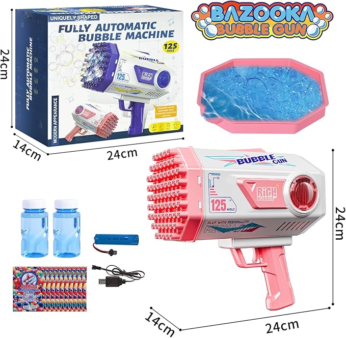 BOMOCO Bubble Gun,125 Holes Bubble Machine Bubbles for Kids Age 3-12,Bubble Blaster Gun with Bubble Solution Summer Outdoor Bubble Toys Birthday Wedding Halloween Party Favors Gifts Bubble Maker,Pink