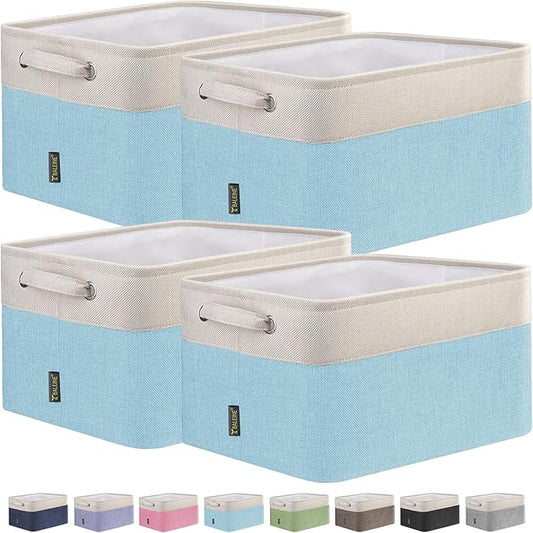 BALEINE 4 Pack Fabric Storage Bins for Shelves, Linen Storage Baskets for Organizing, Decorative Closet Bins for Clothes, Home (Skyblue, 12"x8"x8")
