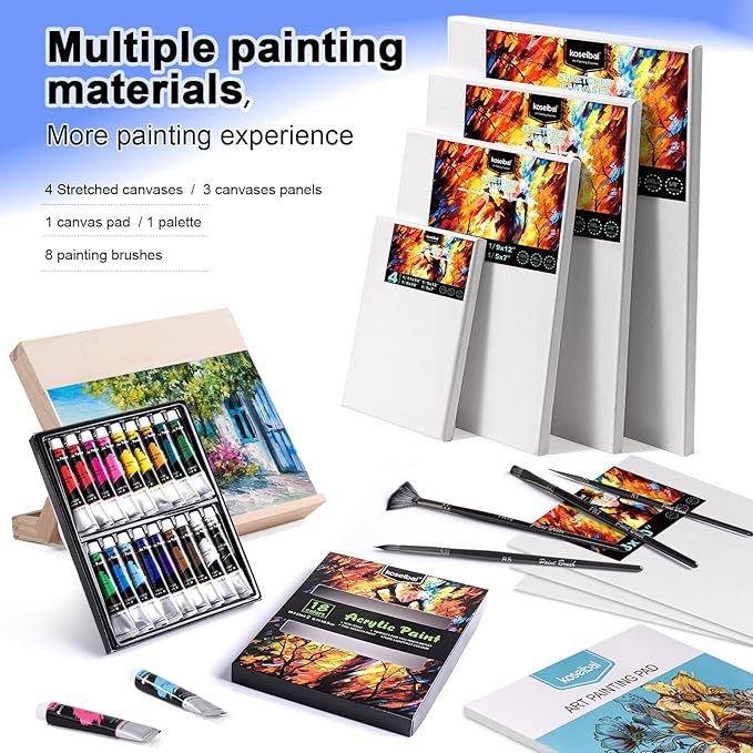 koseibal Acrylic Art Set with 18 Acrylic Paints, 8 Brushes, 4 Stretched Canvas, 1Wooden Easel, Etc, Premium Painting Supplies Kit for Students, Artists Kids, Adults, and Beginner.