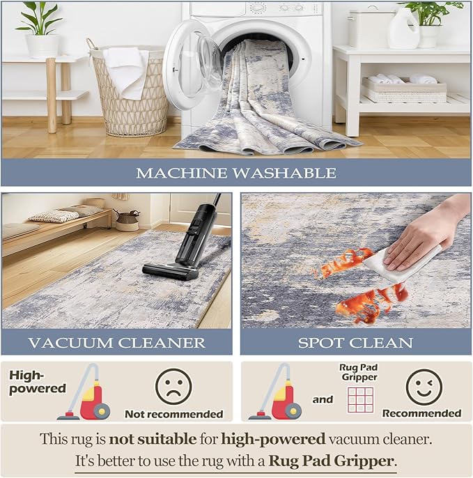 Washable Area Rugs 2'x8' Non-Slip Modern Abstract Soft for Living Room Entryway Bedroom Nursery, Print Pattern, Purple Grey Cream Yellow