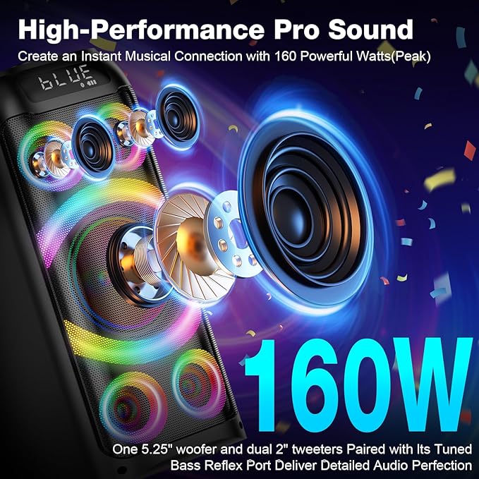 Bluetooth Speaker, 160W Peak Powerful Loud Stereo Sound Deep Bass Wireless Boombox Portable Large Party Speakers with Subwoofer TWS Pairing Dynamic LED Light for Outdoor Camping Backyard Events