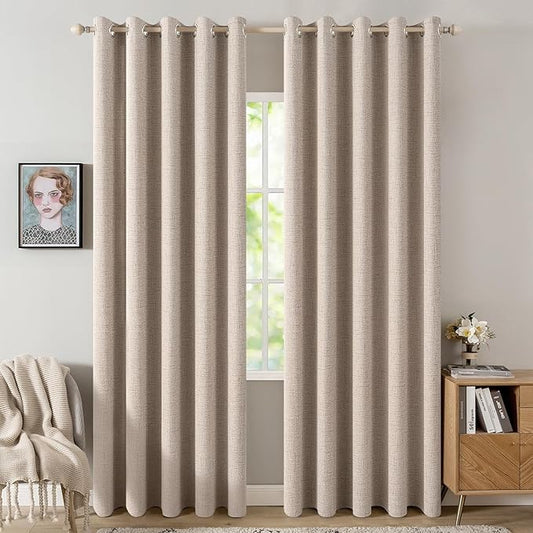 MIULEE 100% Blackout Linen Textured Curtains for Bedroom Solid Thermal Insulated Natural Beige Grommet Room Darkening Curtains & Drapes Luxury Decor for Living Room Nursery 62 x 96 Inch (2 Panels)