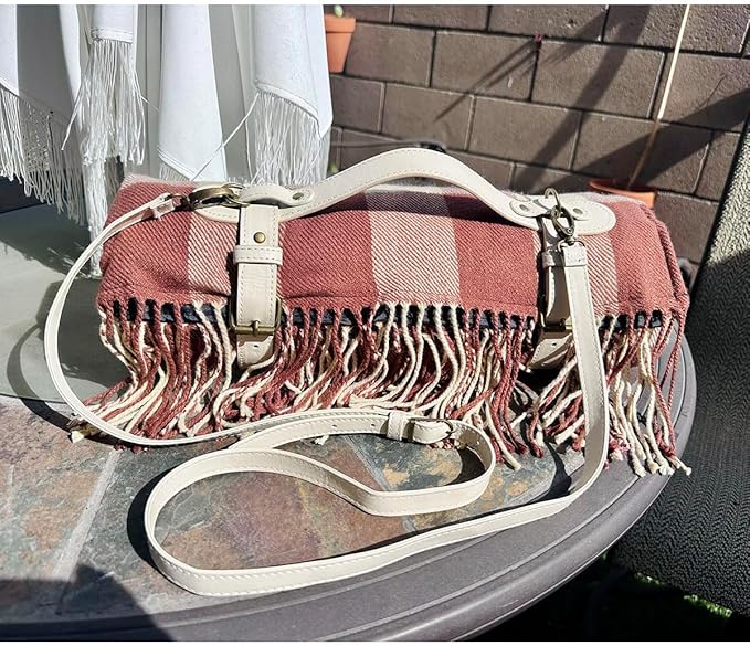 Picnic Blanket Extra Large Waterproof with Strap 59"x79" - Machine Washable Tassels Faux Wool Cashmere for Park, Grass, Camping, Hiking, Concerts (Latte with white shoulder strap, 59"X79")