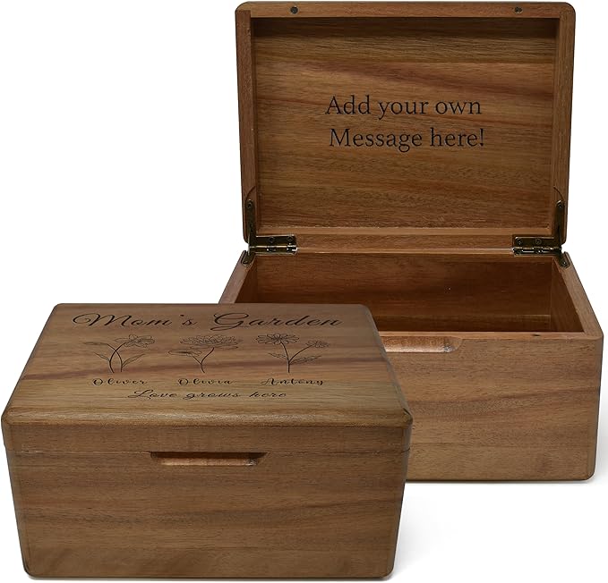 Mother's Garden for Mama - Personalized Gift for Mom, Custom Granny's Garden Gifts Birth Flowers, Memory Box, Wooden Storage Box with Hinged Lid, Mother's Day Gifts Unique for Mimi, 8x6x4 in