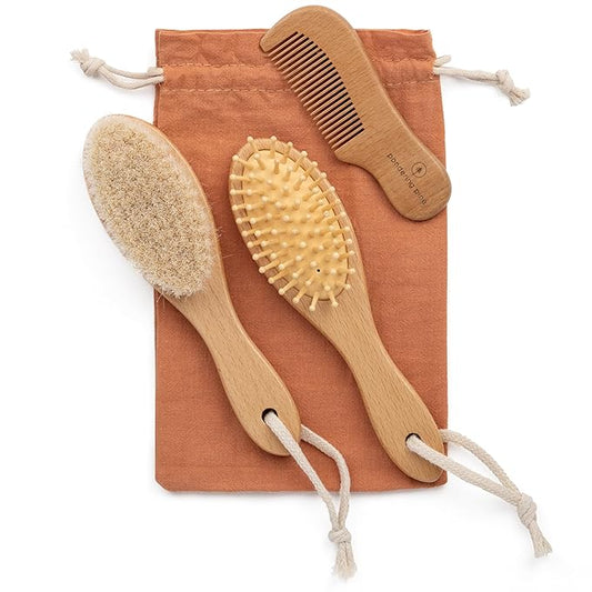 Natural Baby Brush Set - Wooden Brushes and Comb With Boho Travel Bag for Girl or Boy - Soft Goat Hair Brush for Cradle Cap, Bamboo Toddler Brush, Newborn Hairbrush for Scalp Grooming
