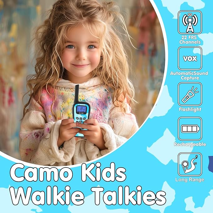 Qniglo Camo Walkie Talkies for Kids, Rechargeable Walkie Talkies with 22 FRS Channels, VOX 2 Way Radios with LED Flashlight for Outdoor Camping Games & Birthday Xmas Toys Gifts for Boys Girls Kids