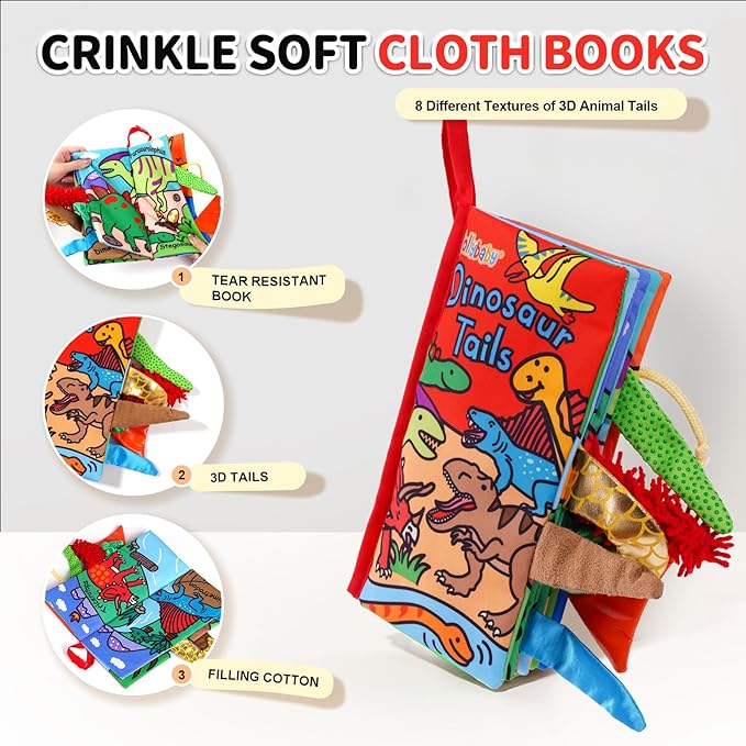 Jollybaby Baby Books 0-6 Months, Touch and Feel Crinkle Soft Cloth Books for Infants Babies, Toddler Early Educational Interactive Stroller Sensory Toys, Baby Girl & Boy Gift(Dinosaur Tails)