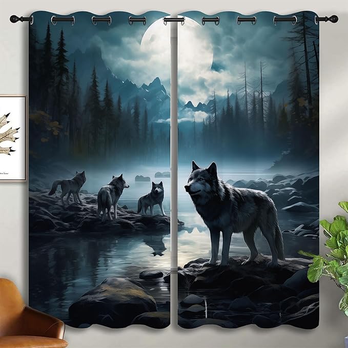 Wolf Blackout Curtains for Boys Girl Bedroom Decor,Dreamy Forest Full Moon Wolf Pack Thermal Insulated Grommet Drapes Darkening Window Curtain for Living Room Home 55x63 inch