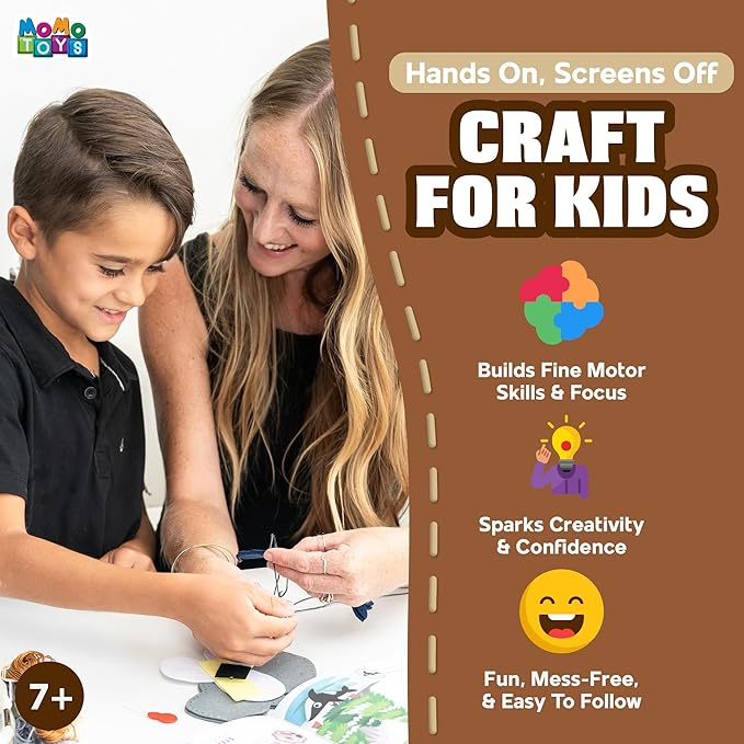 MOMOTOYS Dinosaurs World Beginner Sewing Kit for Kids Ages 7+ – Includes 9 Kids Sewing Projects w/Tools & Art Supplies – DIY Felt Crafts for Girls & Boys, Gifts for 7, 8, 9, 10, 11, 12 Year Old