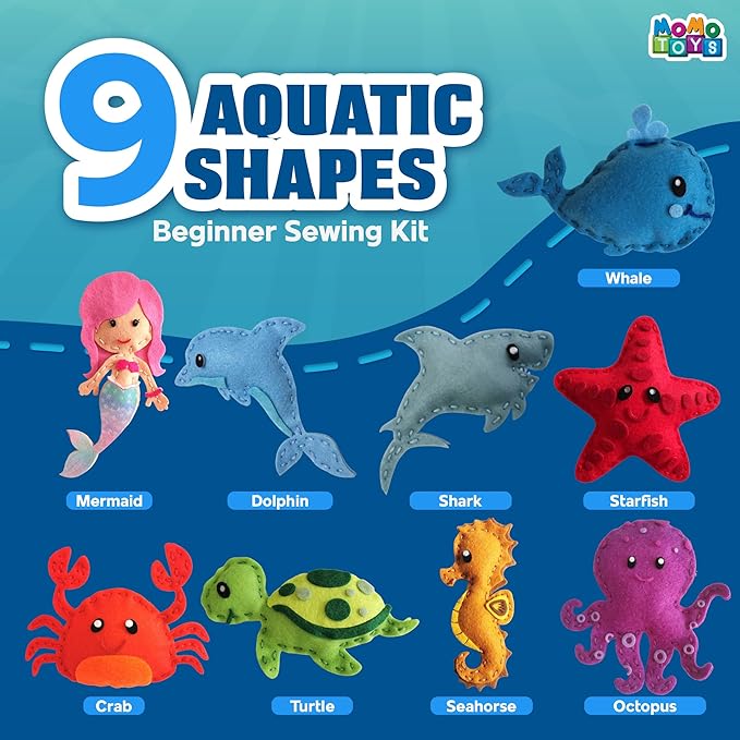 MOMOTOYS Mermaid & Sea Life Beginner Sewing Kit for Kids Ages 7+ – Includes 9 Kids Sewing Projects w/Tools & Art Supplies – DIY Felt Crafts – Girls & Boys Gifts for 7, 8, 9, 10, 11, 12 Year Old