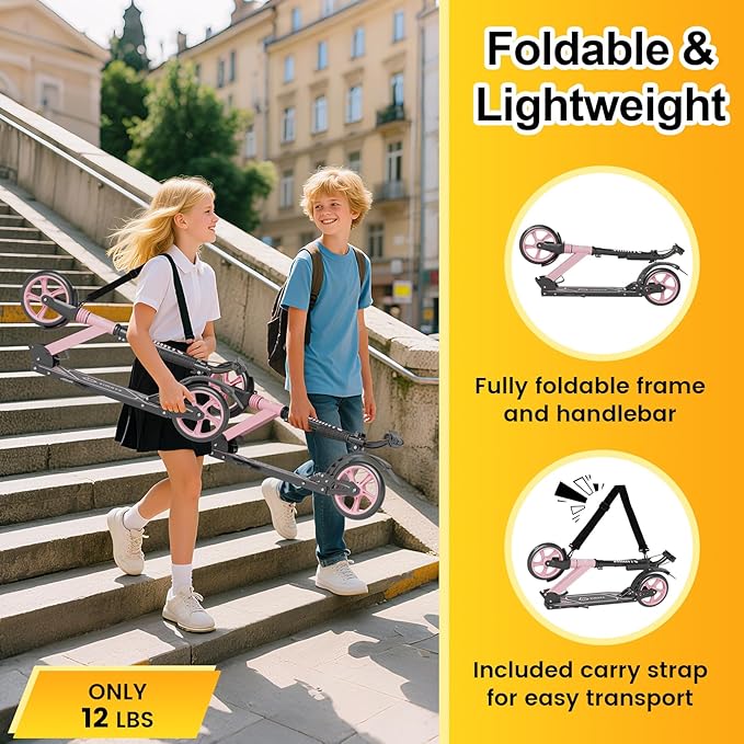 Kick Scooter for Kids Teens & Adults, 4 Adjustable Heights, 8IN All Terrain Big Wheels, Dual Brakes & Dual Suspension, Foldable and Lightweight, Gifts for Girls Boys