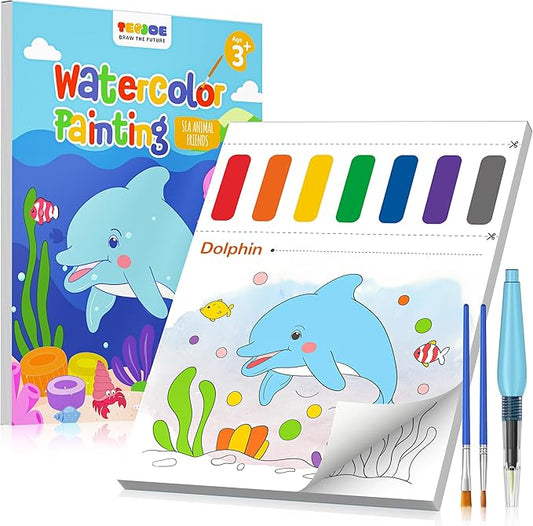 TECJOE Paint with Water Coloring Books for Toddlers, Marine Animal Series Watercolor Set with 3 Brushes, Mess Free Painting Activity for Kids Ages 4 5 6 7 8, Christmas Gifts Arts & Crafts Toy