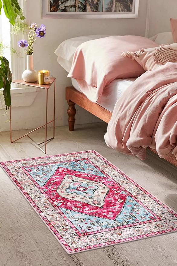 Lahome Boho Round Rug - 5Ft Washable Area Rug, Non-Slip Small Bathroom Rug, Lightweight Bedroom Throw, Oriental Distressed Print Carpet for Entryway, Sofa, Nursery, Kids Room
