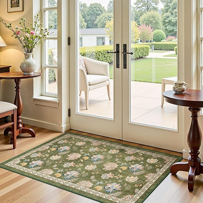 jinchan 3x5 Floral Rug for Entryway Washable Kitchen Rug Vintage Romance Design Small Mat Non Slip Indoor Doormat Lightweight Low-Profile Throw Carpet for Entrance Bathroom Laundry Room, Green