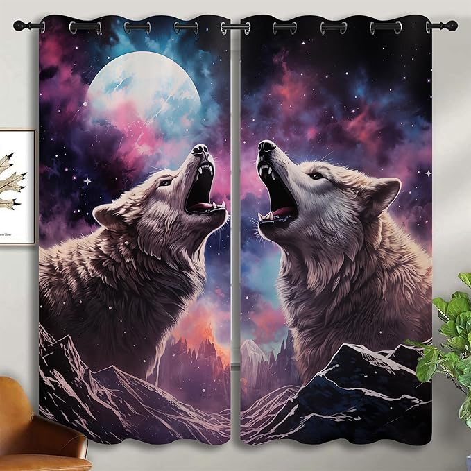 Wolf Blackout Curtains for Boys Girl Bedroom Decor,Fantasy Starry Sky Galaxy Forest Wildlife Thermal Insulated Grommet Drapes Darkening Window Curtain for Living Room Home 55x63 inch