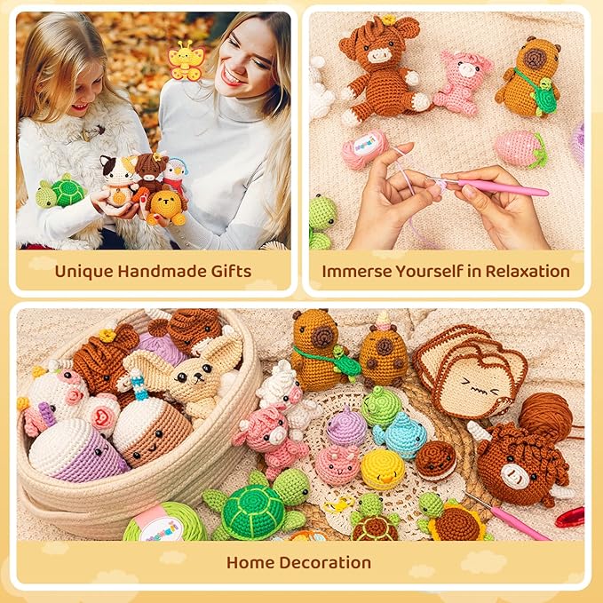 Mewaii Crochet Kit for Beginners with 40% Extra Eco-Friendly Pre-Started Easy Yarn, Step-by-Step Video Tutorials for Adults and Kids (Highland Cattle)