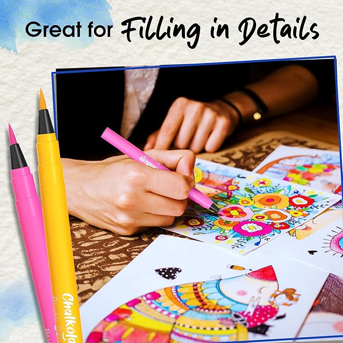 Chalkola Watercolor Brush Pens for Lettering, Coloring, Calligraphy - Set of 28 Watercolor Pens, 15 Painting Pad & 2 Water Color Markers - Drawing Art Supplies for Kids, Adults, Professional Artist