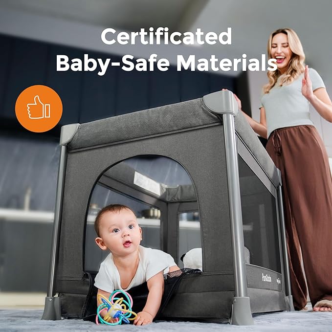 Pamo Babe 1-Second Setup 5-in-1 Playard for Babies - Heavy-Duty Steel Frame for Safe Sleep Space, Portable Crib with Zip Door & Changing Table, Locking Wheels, Breathable Mesh