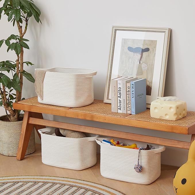 3 Packs Cotton Rope Woven Basket With Handles for Shelves -15"*10.2"*9.1"(White)