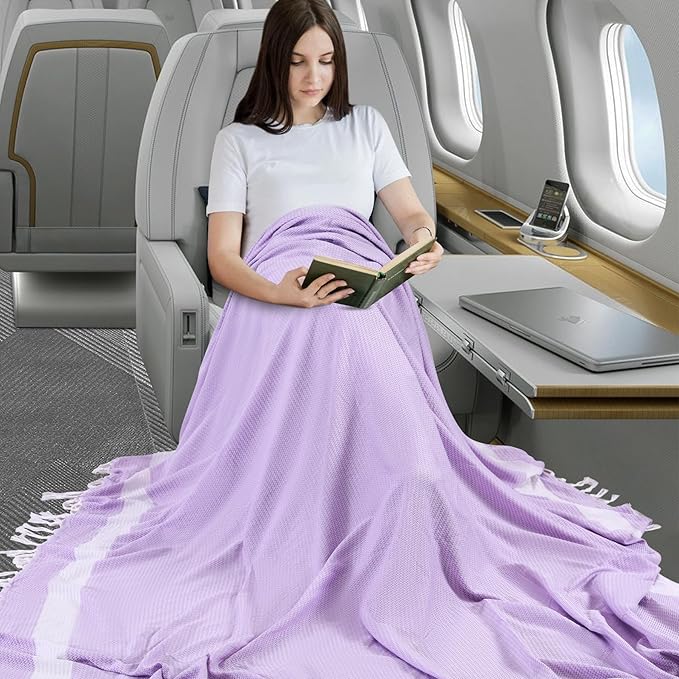 Lightweight Woven Throw Blanket Large Soft Travel Essentials Airplane Accessories Long Flight Necessities Airport Must Haves Plane International Flying Stuff Airline Items Oversea Umrah Need Purple