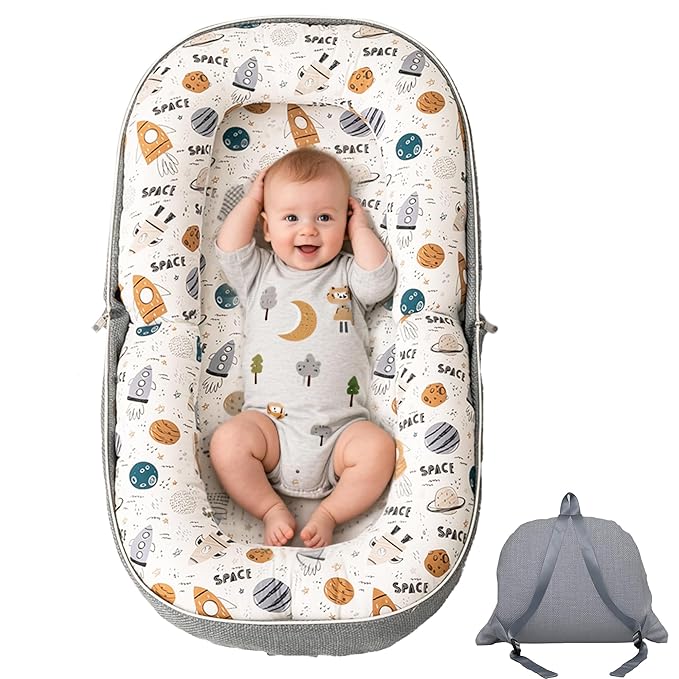 Baby Lounger, Foldable Infant Nest with Soft Memory Foam Mat, Cover with Adorable Pattern, Converts to Backpack for Easy Travel, 0-12 Months, Rocket