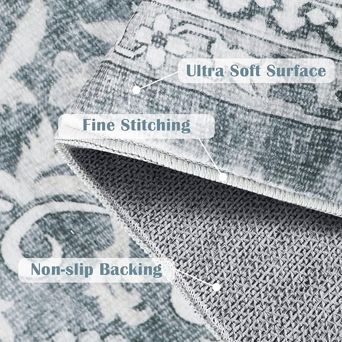 jinchan Floral 2x3 Rugs for Entryway - Machine Washable Grey Vintage Distressed Boho Design Soft Faux Wool Small Non-Slip Doormat for Entrance Kitchen Living Room Bedroom Farmhouse (2‘x3',Grey)